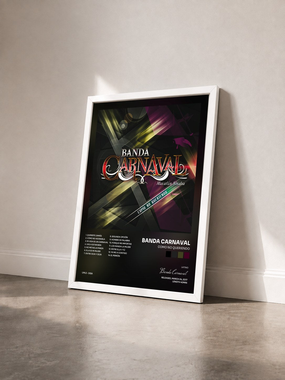 #blanc Tableau de l'album Como No Queriendo de Banda Carnaval vu de trois quarts, cadre blanc