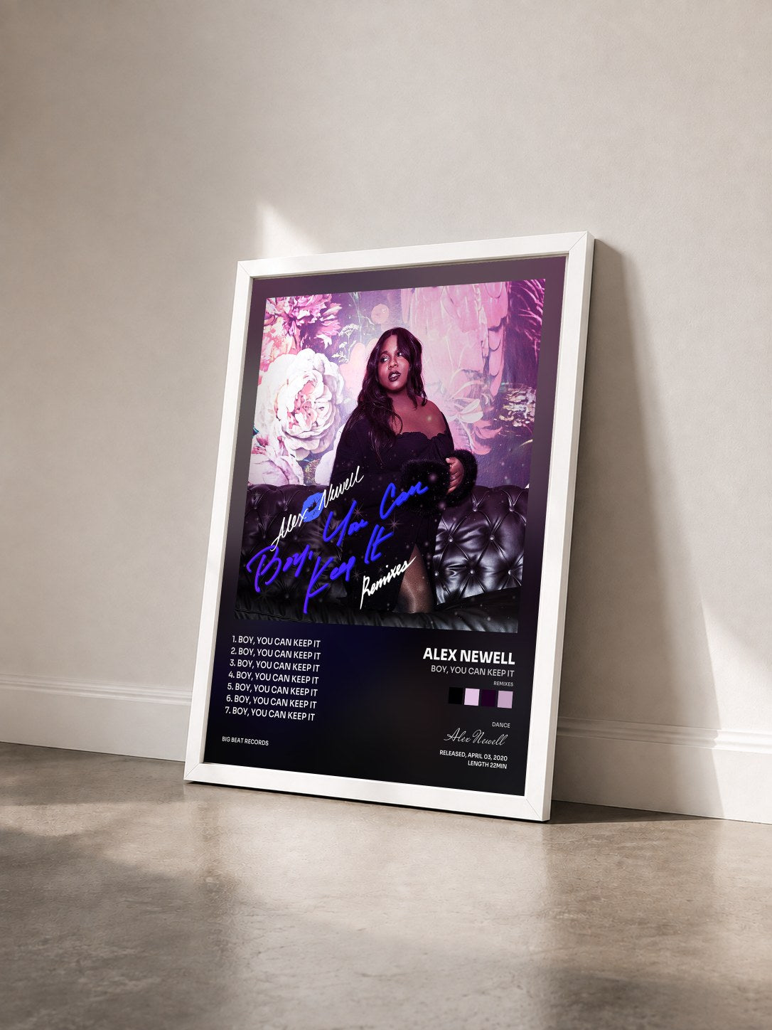 #blanc Tableau de l'album Boy, You Can Keep It (Remixes) de Alex Newell vu de trois quarts, cadre blanc