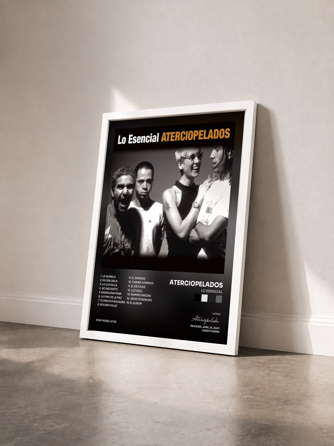 #blanc Tableau de l'album Lo Esencial de Aterciopelados vu de trois quarts, cadre blanc