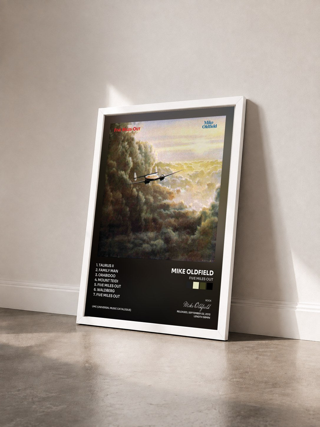 #blanc Tableau de l'album Five Miles Out de Mike Oldfield vu de trois quarts, cadre blanc