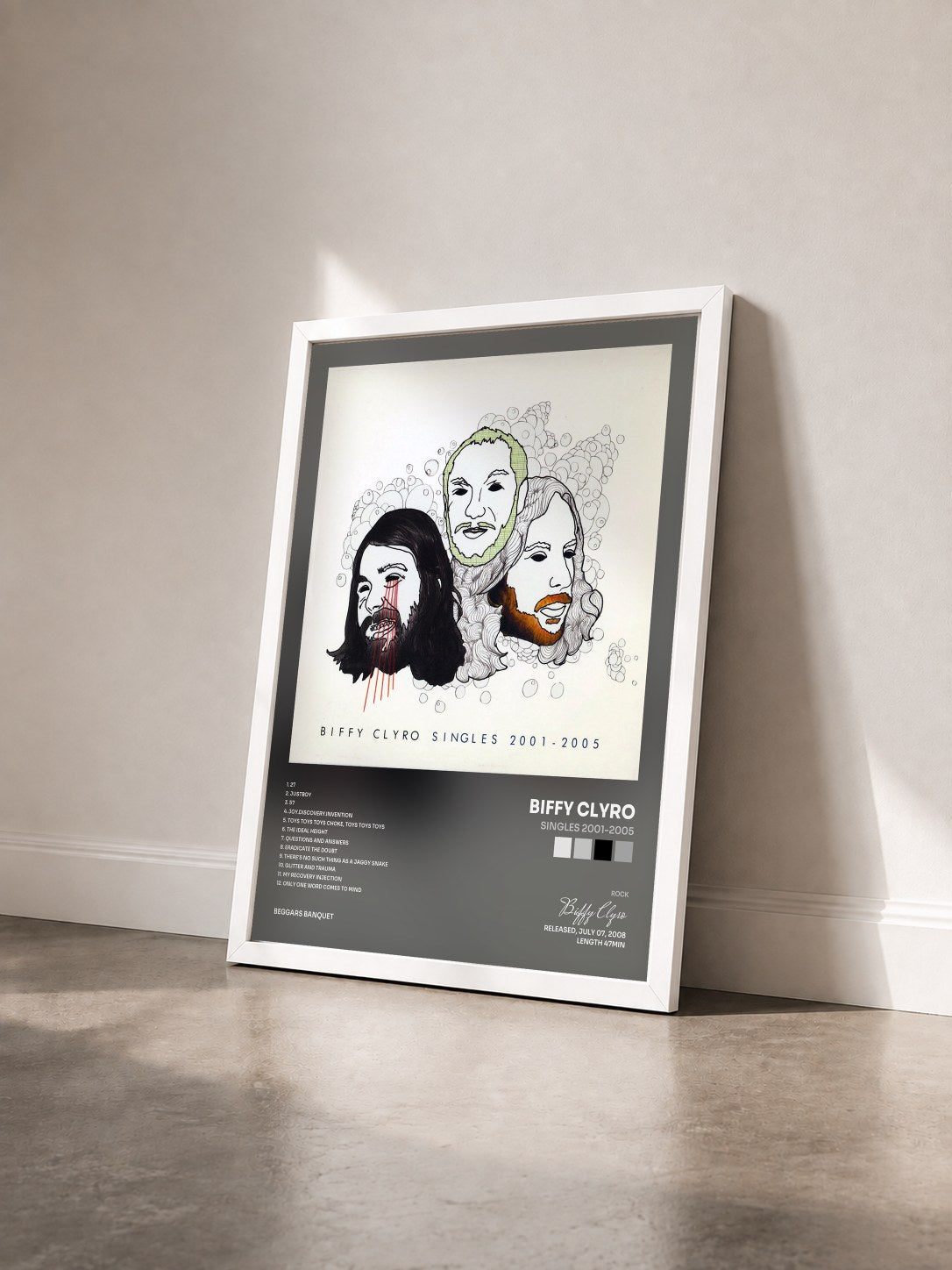 #blanc Tableau de l'album Singles 2001-2005 de Biffy Clyro vu de trois quarts, cadre blanc