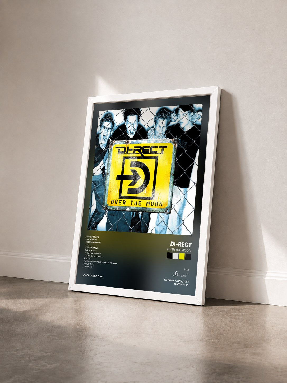 #blanc Tableau de l'album Over The Moon de Di-rect vu de trois quarts, cadre blanc