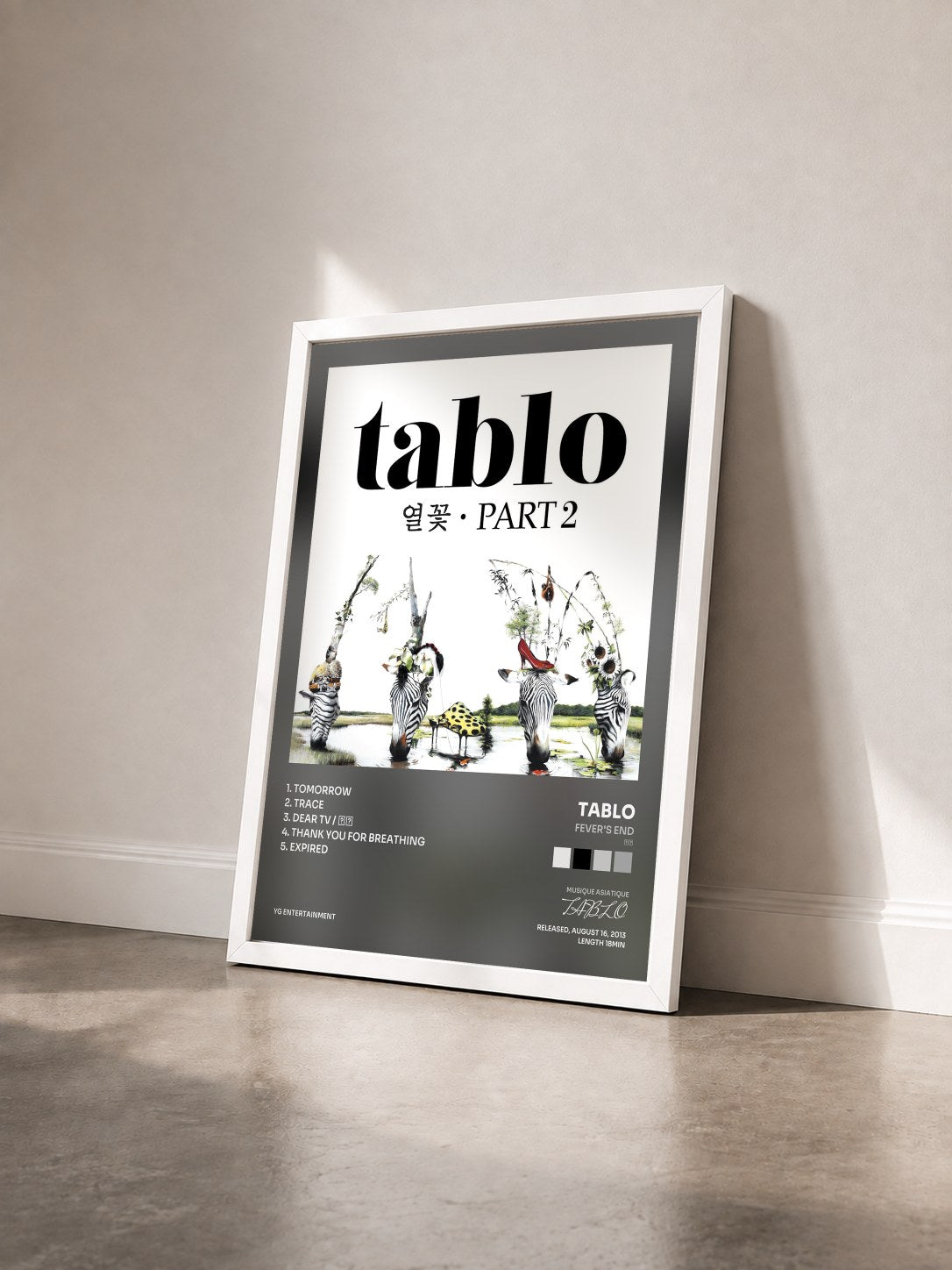 #blanc Tableau de l'album Fever's End (열꽃) Pt. 2 - EP de TABLO vu de trois quarts, cadre blanc