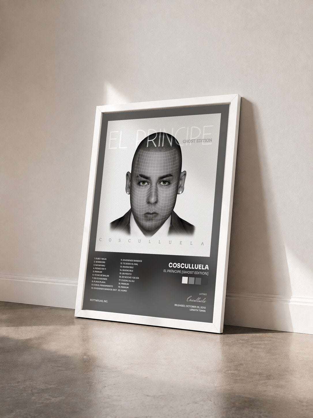 #blanc Tableau de l'album El Príncipe [Ghost Edition] de Cosculluela vu de trois quarts, cadre blanc