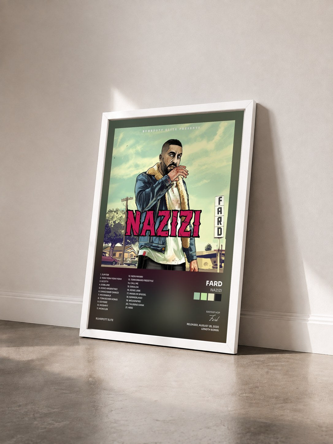 #blanc Tableau de l'album NAZIZI de Fard vu de trois quarts, cadre blanc