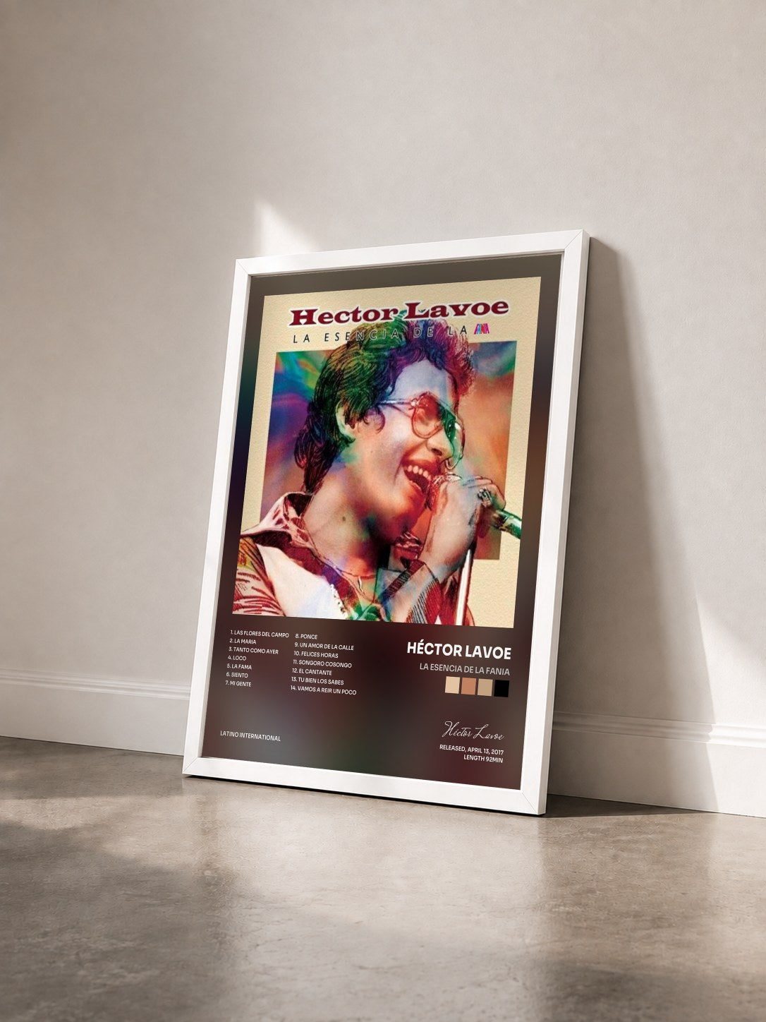 #blanc Tableau de l'album La Esencia De La Fania de Héctor Lavoe vu de trois quarts, cadre blanc
