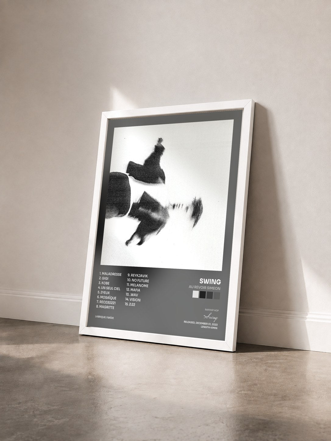 #blanc Tableau de l'album AU REVOIR SIMEON de Swing vu de trois quarts, cadre blanc