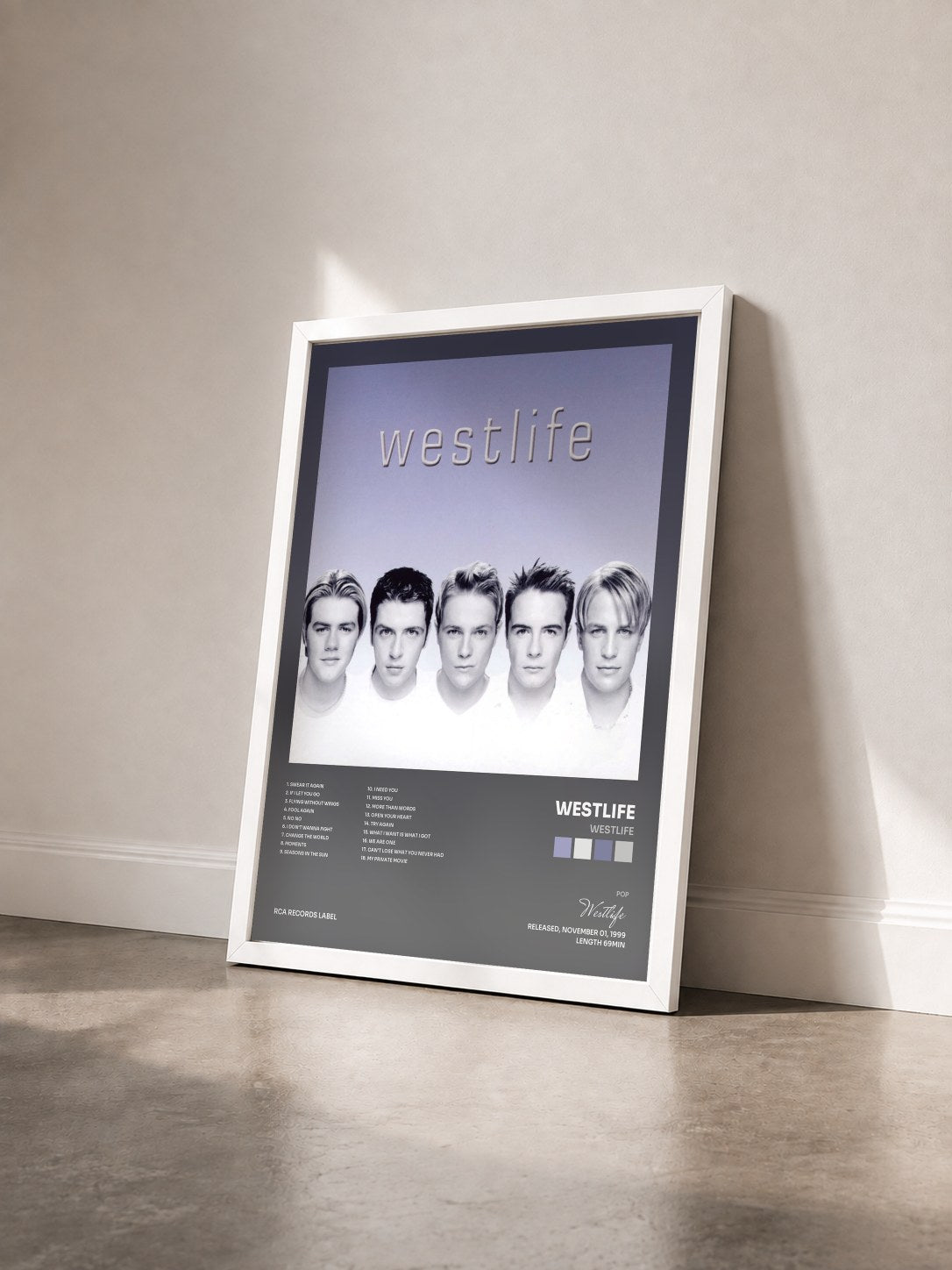 #blanc Tableau de l'album Westlife de Westlife vu de trois quarts, cadre blanc