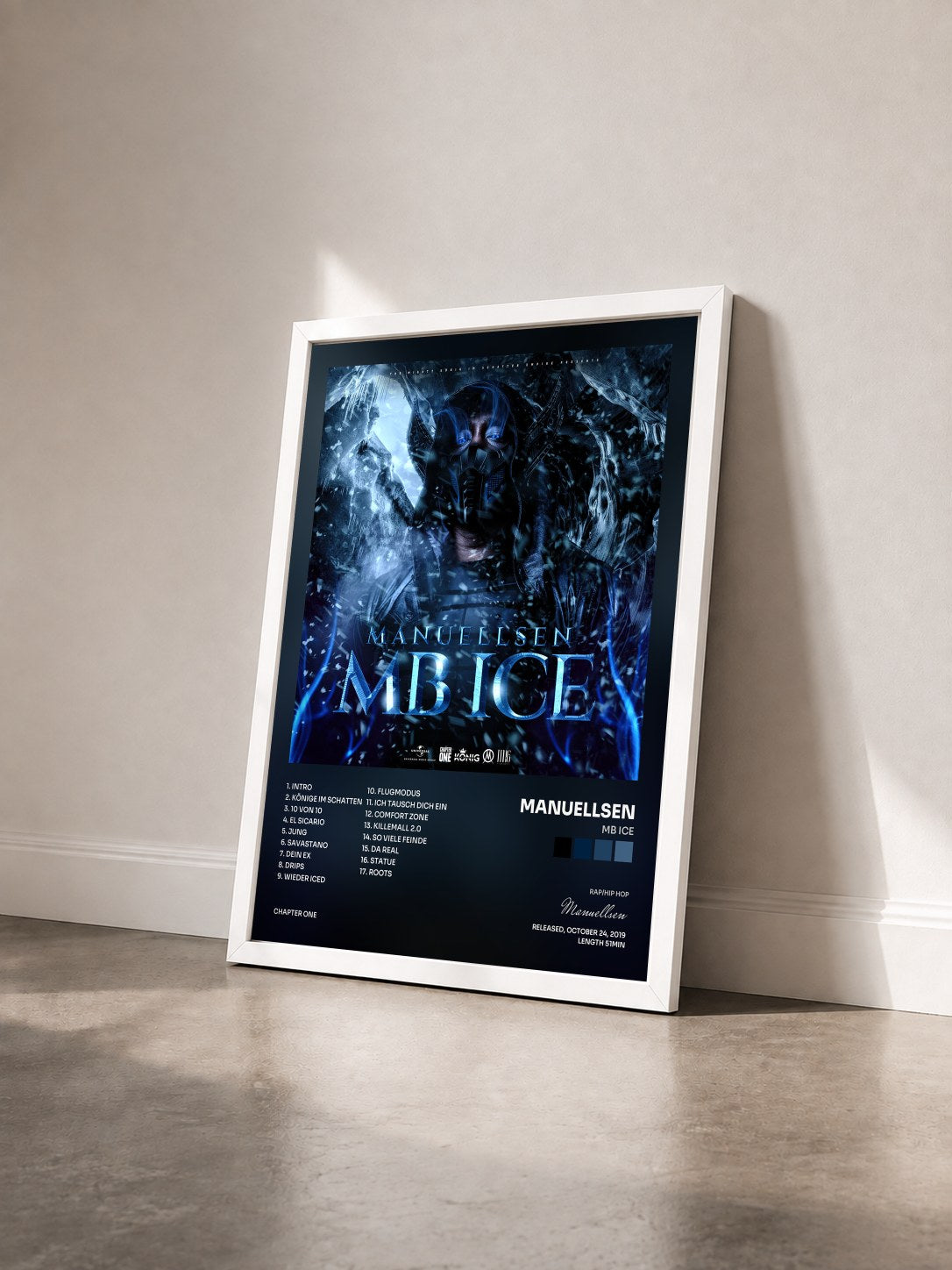 #blanc Tableau de l'album MB ICE de Manuellsen vu de trois quarts, cadre blanc