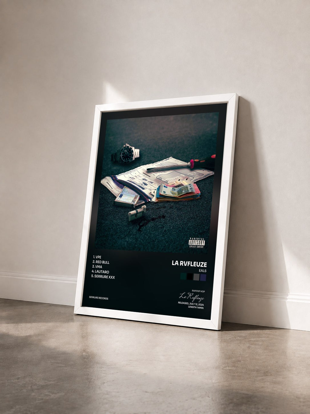 #blanc Tableau de l'album EALS de La Rvfleuze vu de trois quarts, cadre blanc