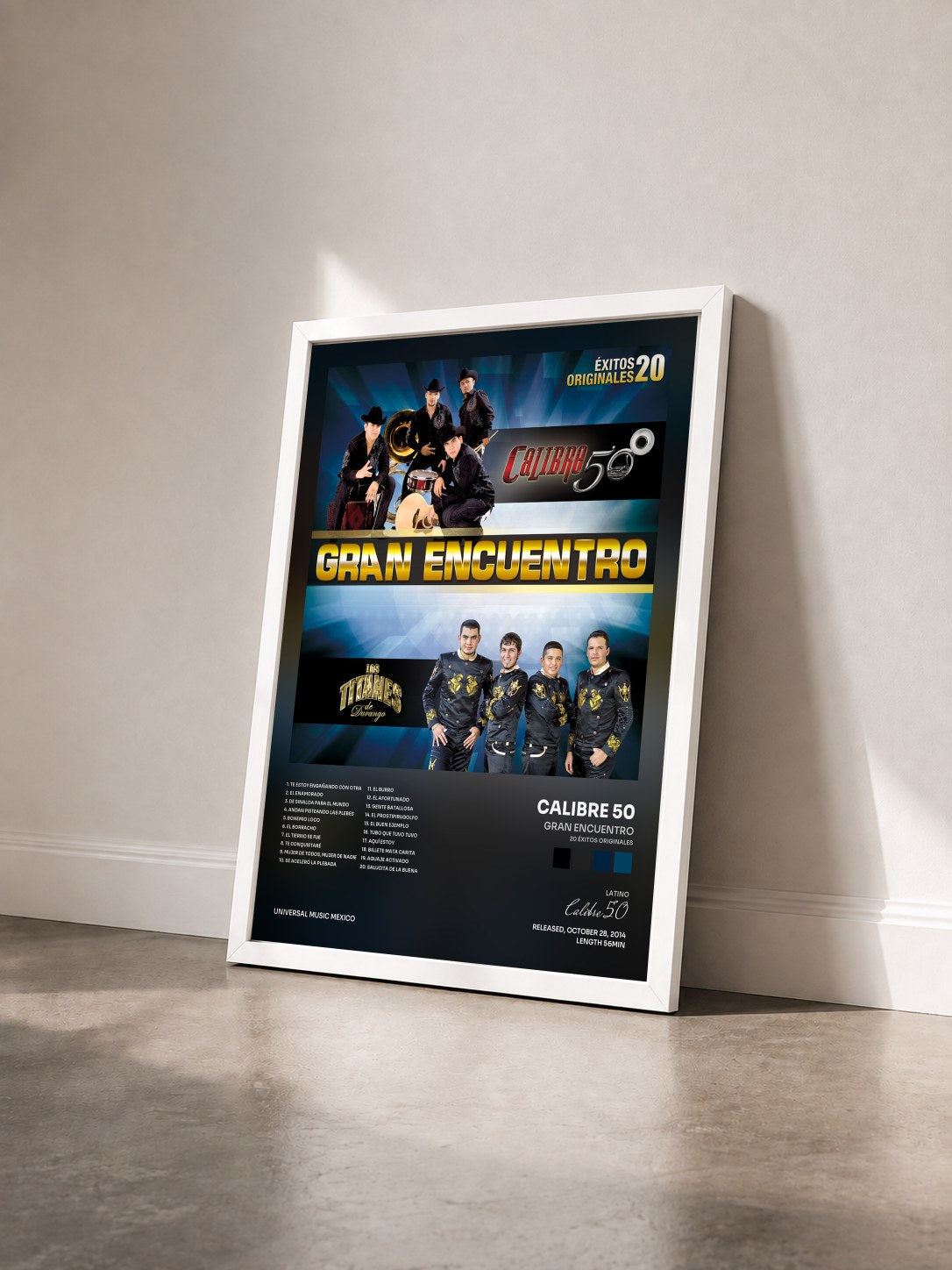 #blanc Tableau de l'album Gran Encuentro (20 Éxitos Originales) de Calibre 50 vu de trois quarts, cadre blanc