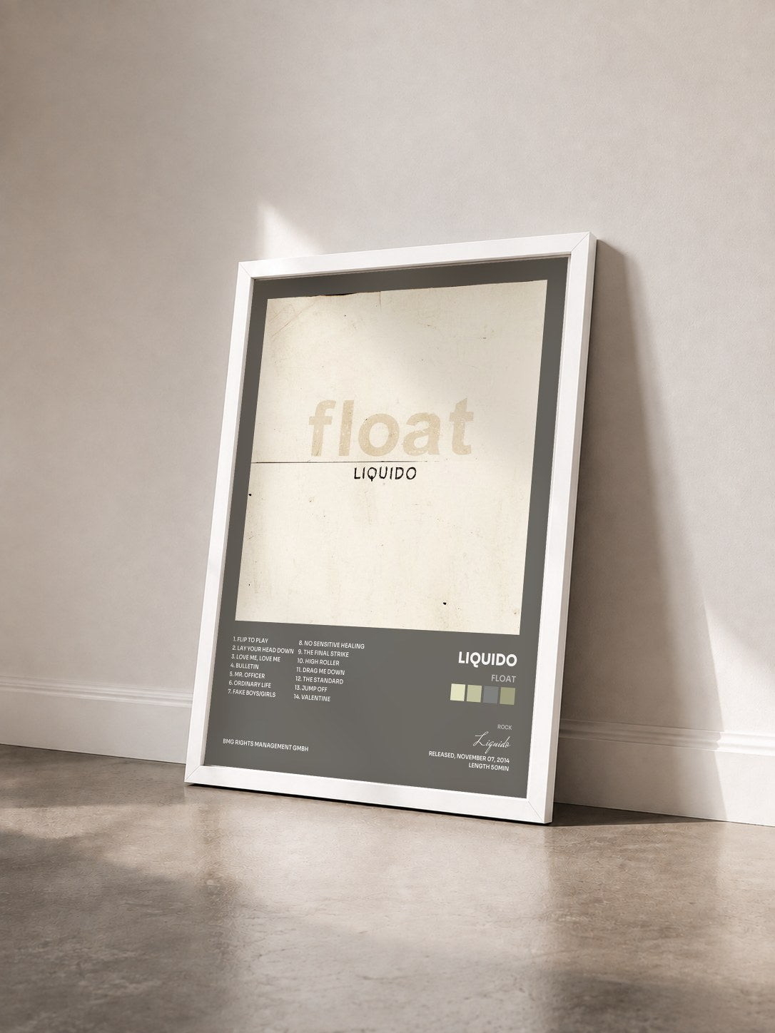 #blanc Tableau de l'album Float de Liquido vu de trois quarts, cadre blanc