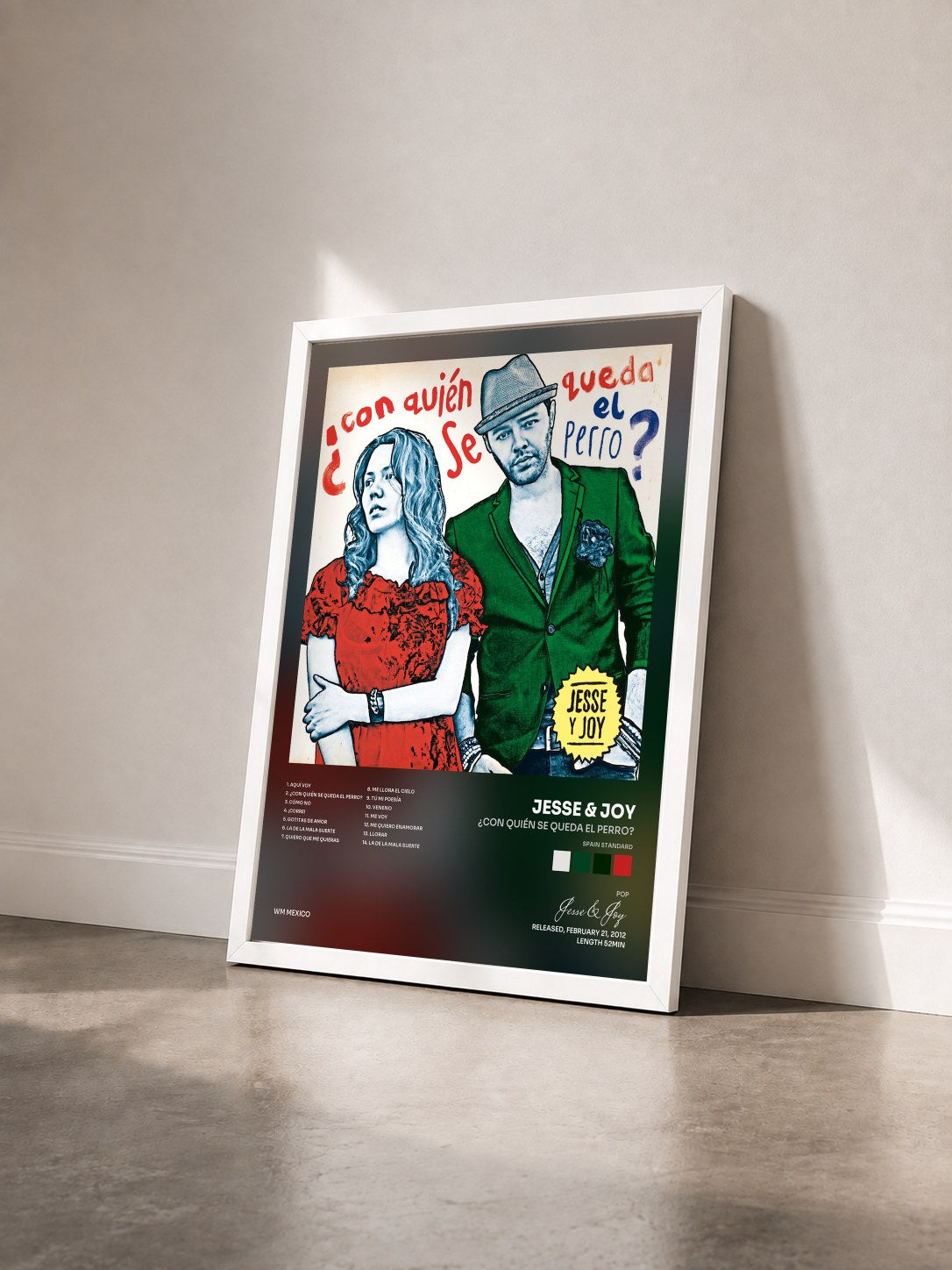 #blanc Tableau de l'album ¿Con quién se queda el perro? (Spain Standard) de Jesse & Joy vu de trois quarts, cadre blanc