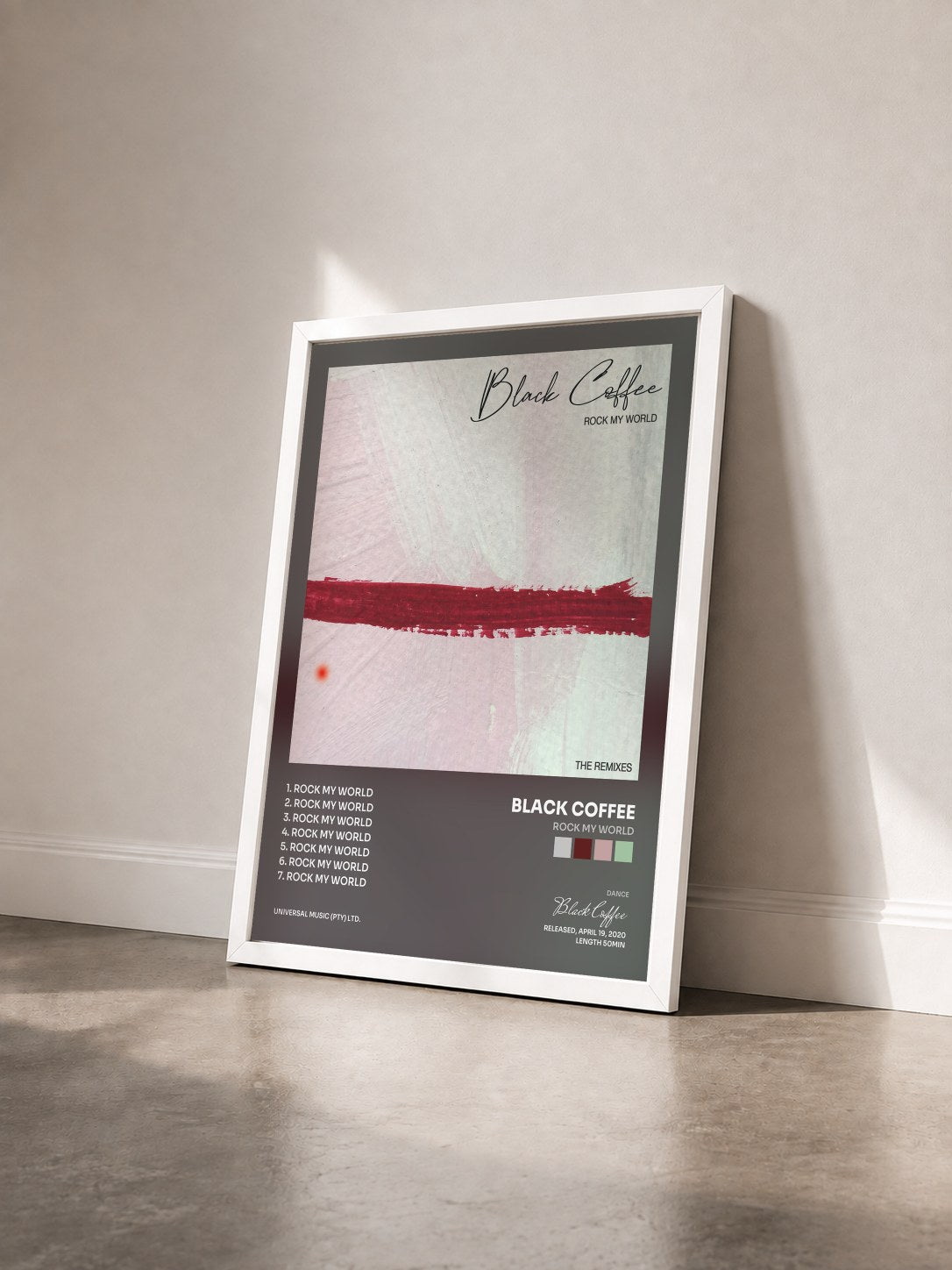 #blanc Tableau de l'album Rock My World de Black Coffee vu de trois quarts, cadre blanc