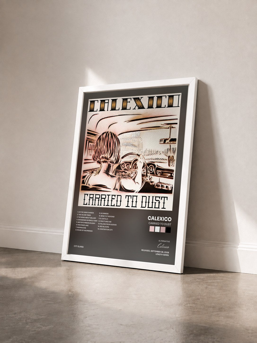 #blanc Tableau de l'album Carried to Dust de Calexico vu de trois quarts, cadre blanc