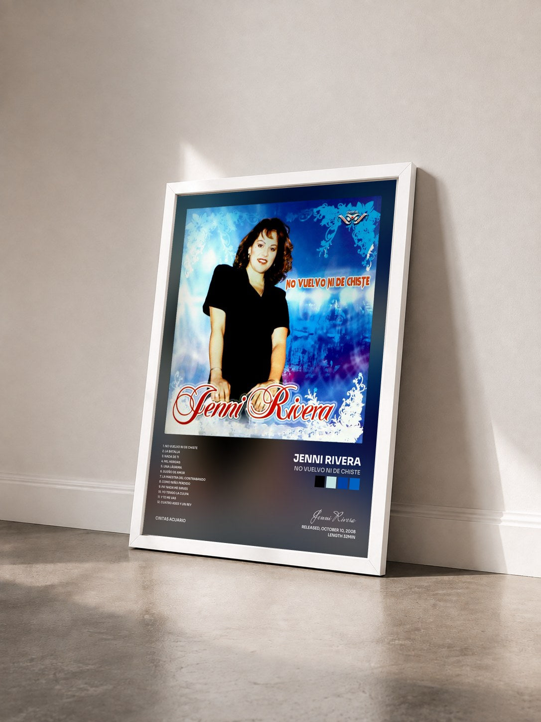 #blanc Tableau de l'album No Vuelvo Ni de Chiste de Jenni Rivera vu de trois quarts, cadre blanc