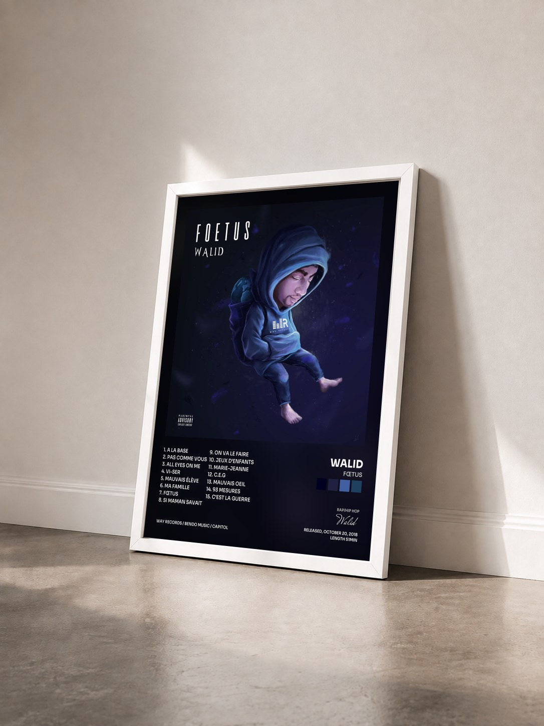 #blanc Tableau de l'album Fœtus de Walid vu de trois quarts, cadre blanc