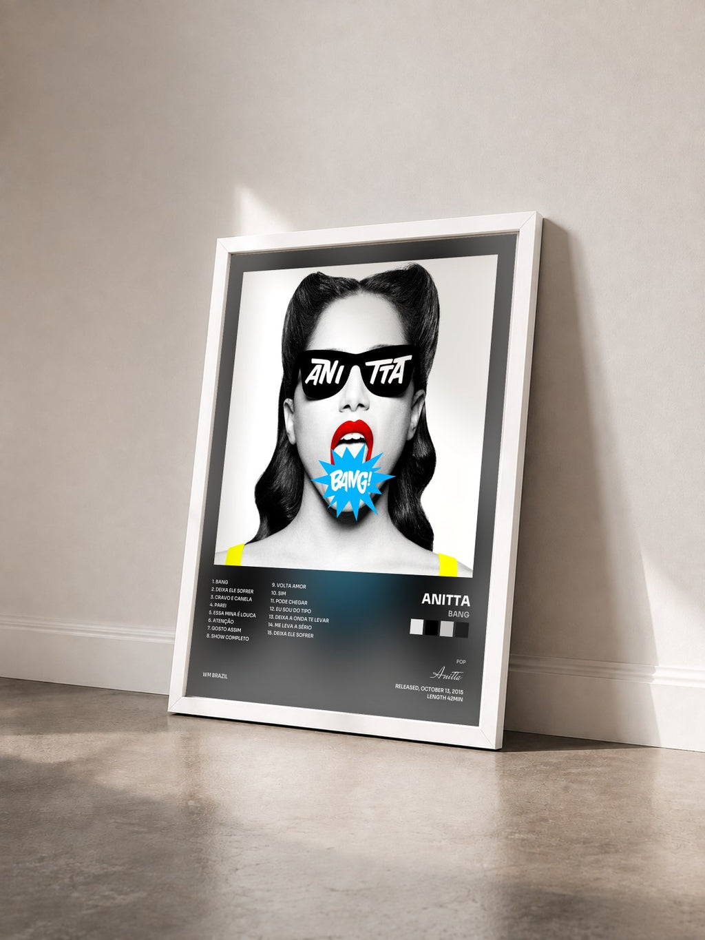 #blanc Tableau de l'album Bang de Anitta vu de trois quarts, cadre blanc