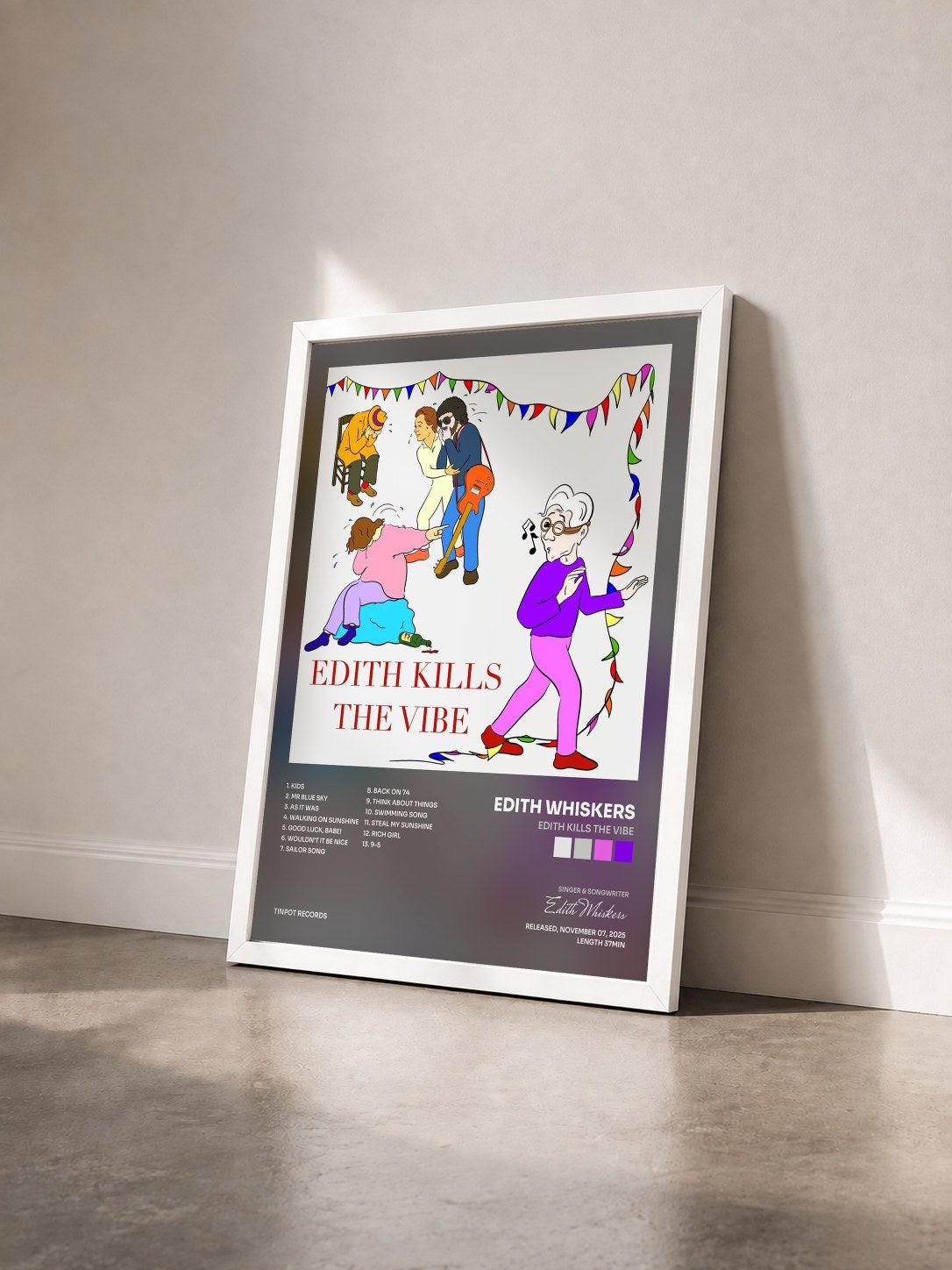 #blanc Tableau de l'album Edith Kills The Vibe de Edith Whiskers vu de trois quarts, cadre blanc