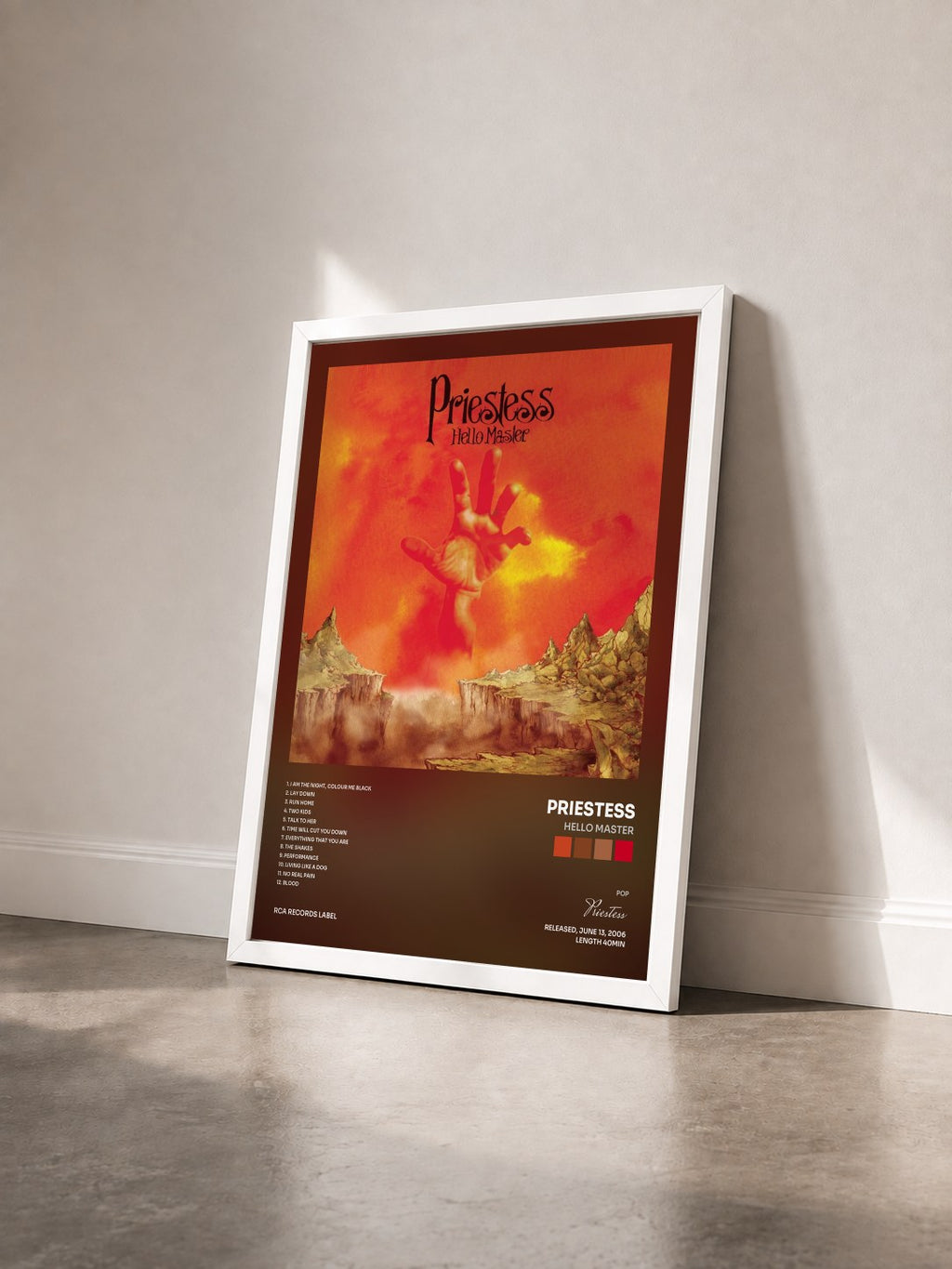 #blanc Hello Master by Priestess as a framed art print seen at an angle, white frame