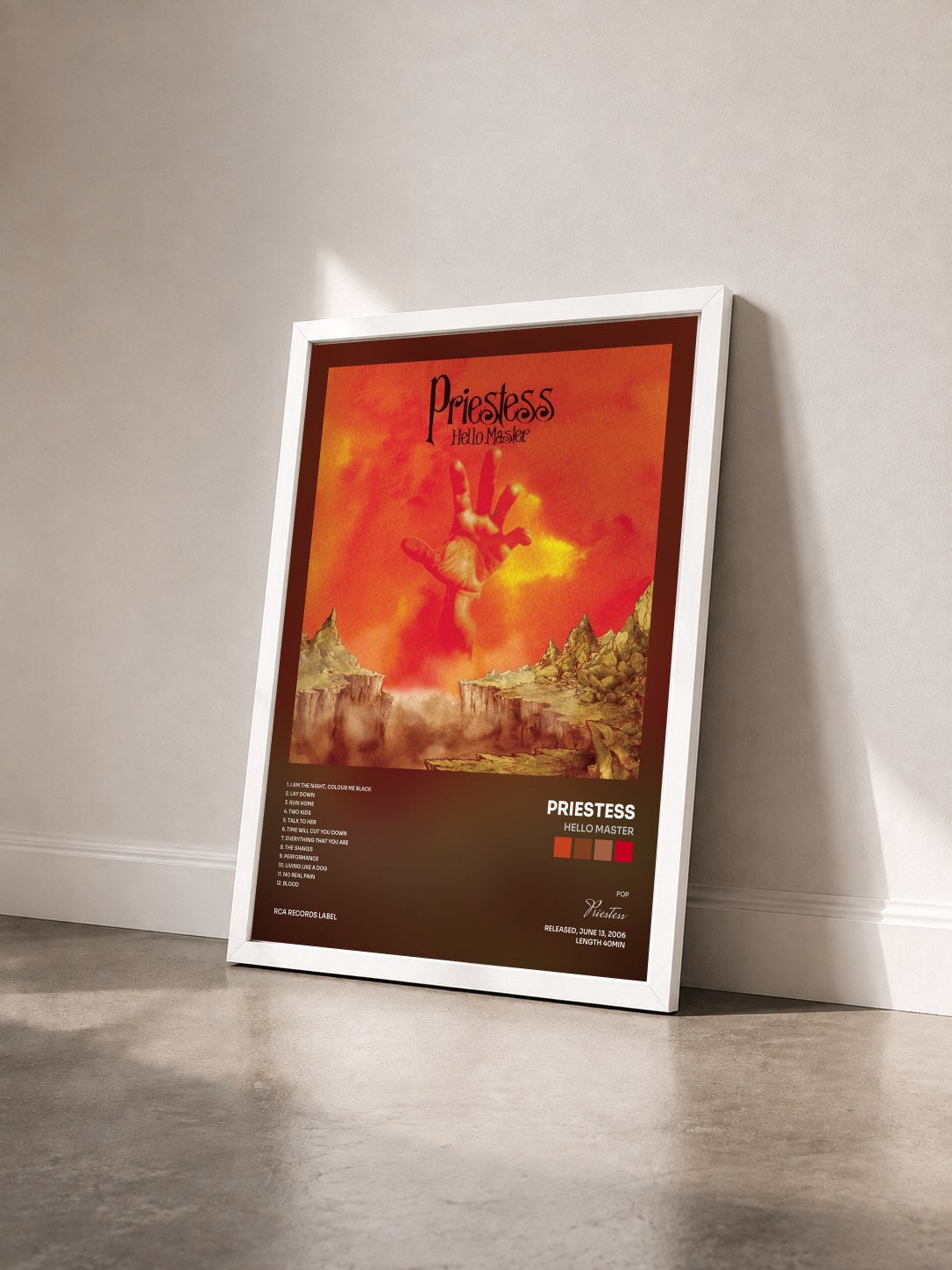 #blanc Tableau de l'album Hello Master de Priestess vu de trois quarts, cadre blanc
