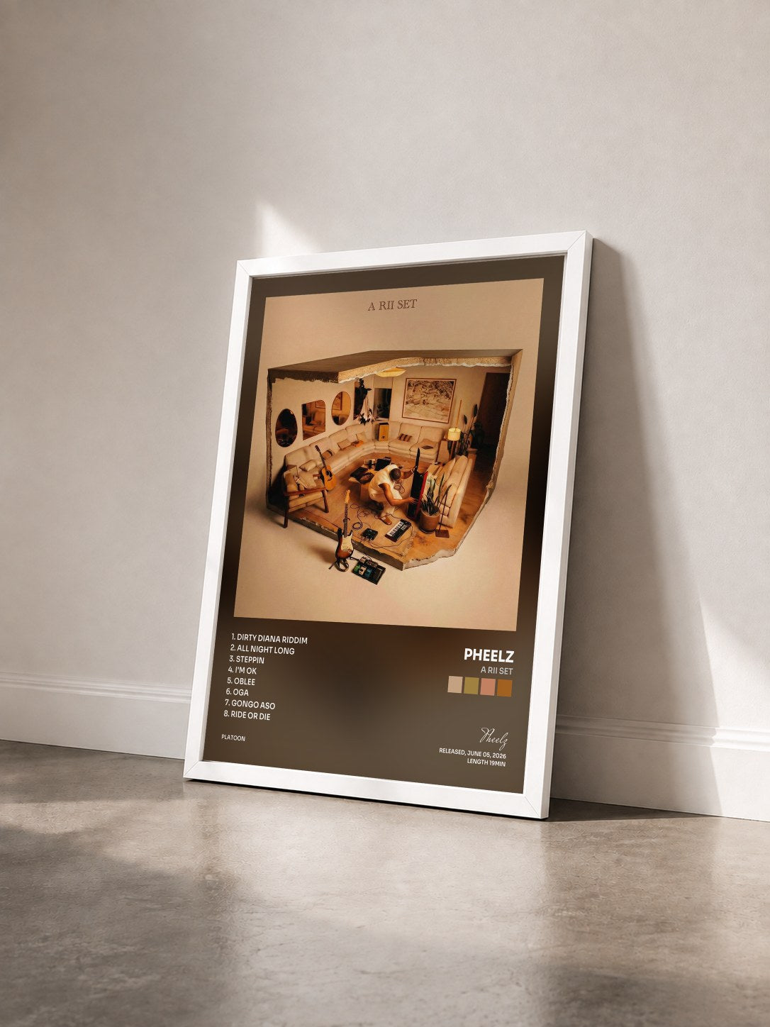 #blanc Tableau de l'album A Rii Set de Pheelz vu de trois quarts, cadre blanc