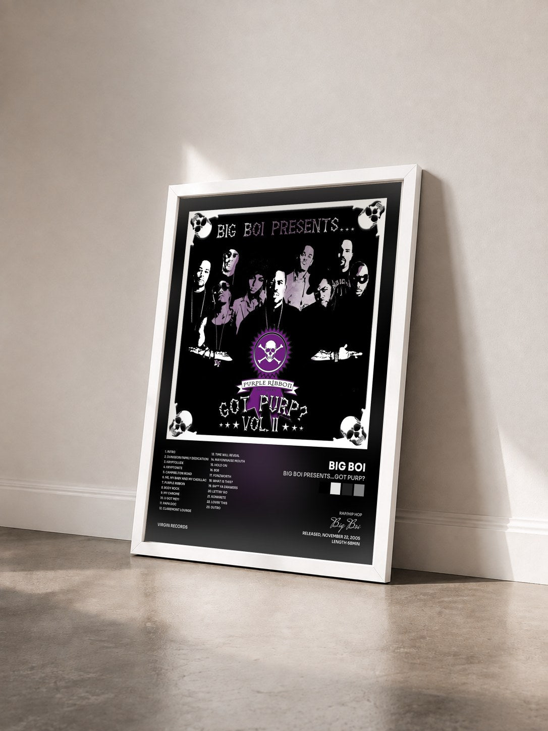 #blanc Tableau de l'album Big Boi Presents…Got Purp? de Big Boi vu de trois quarts, cadre blanc