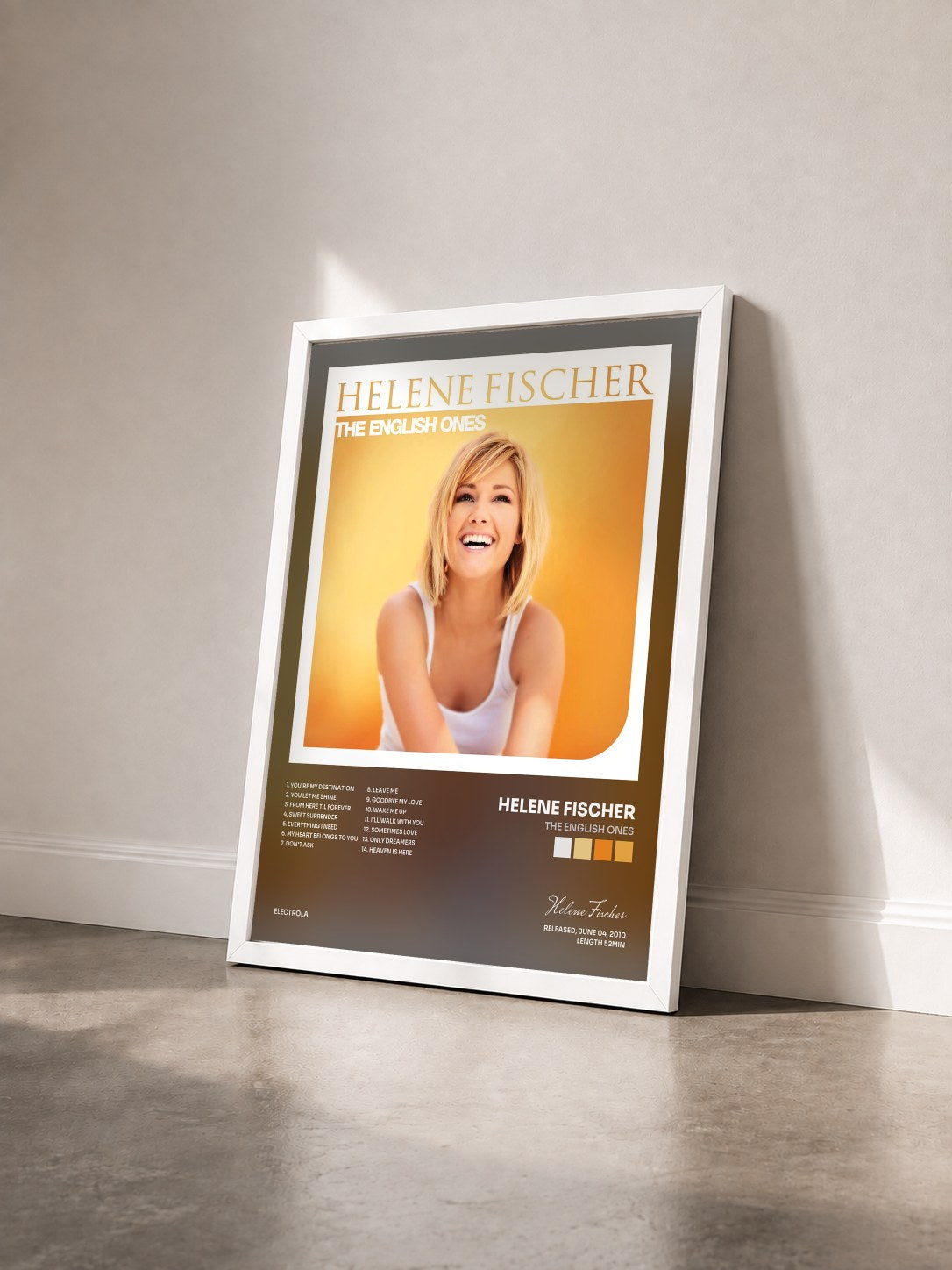 #blanc Tableau de l'album The English Ones de Helene Fischer vu de trois quarts, cadre blanc