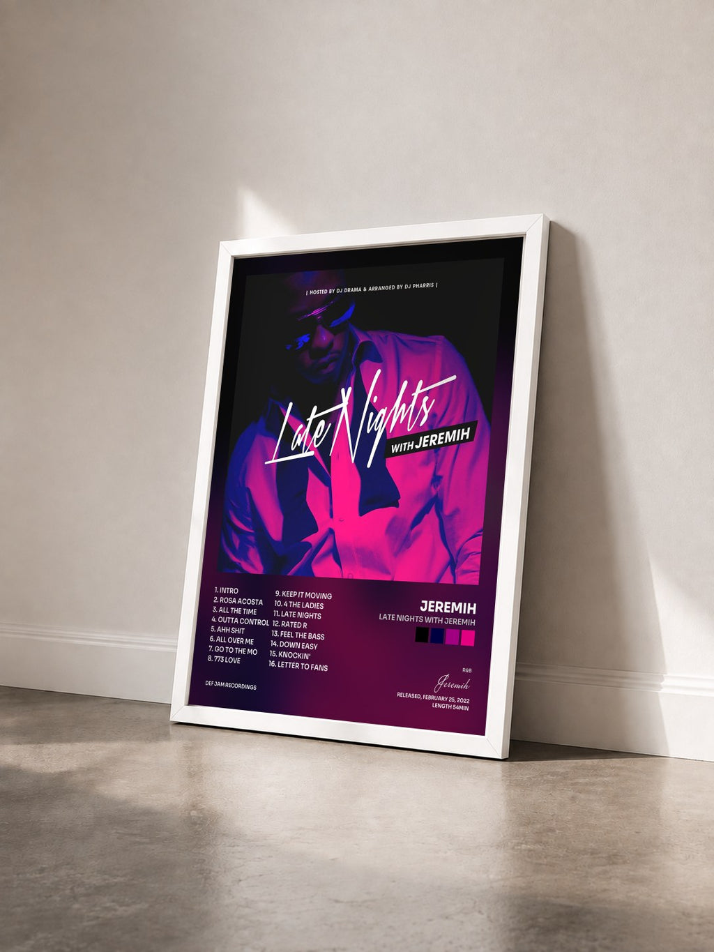 #blanc Tableau de l'album Late Nights With Jeremih de Jeremih vu de trois quarts, cadre blanc