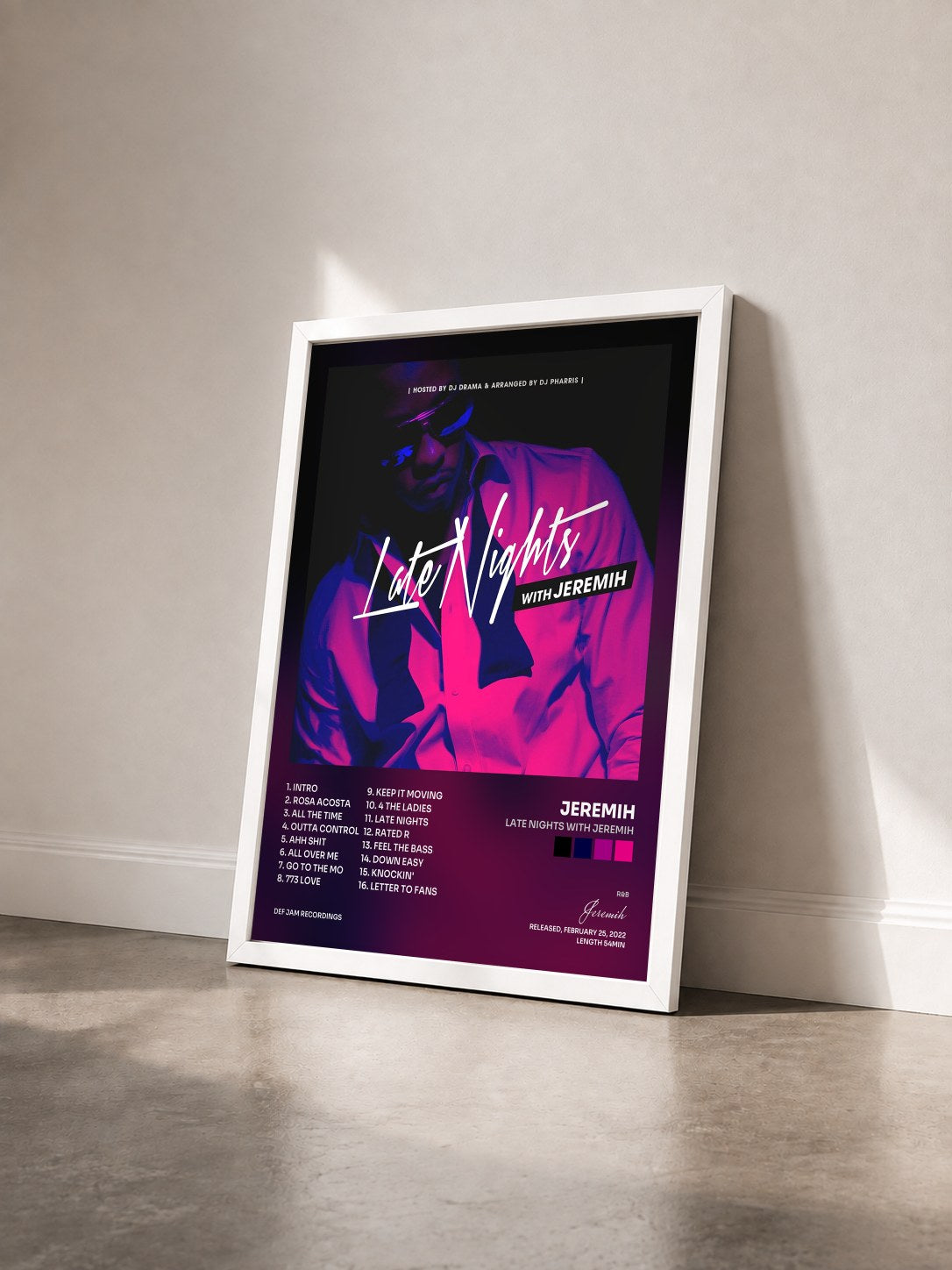 #blanc Tableau de l'album Late Nights With Jeremih de Jeremih vu de trois quarts, cadre blanc