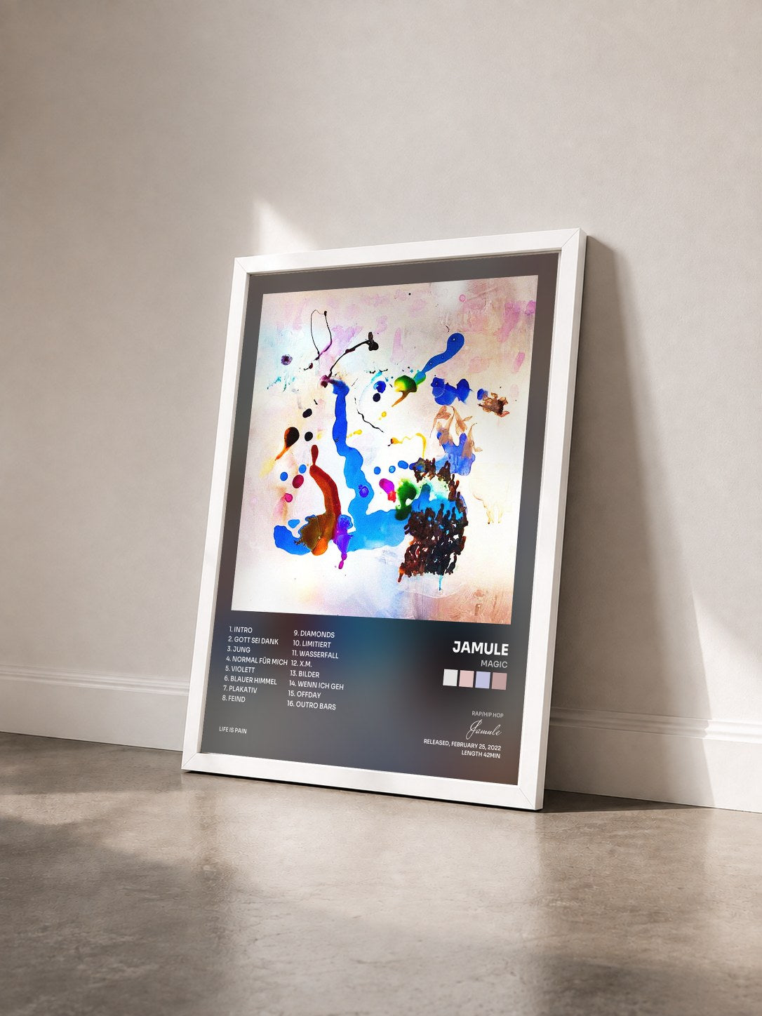 #blanc Tableau de l'album Magic de Jamule vu de trois quarts, cadre blanc