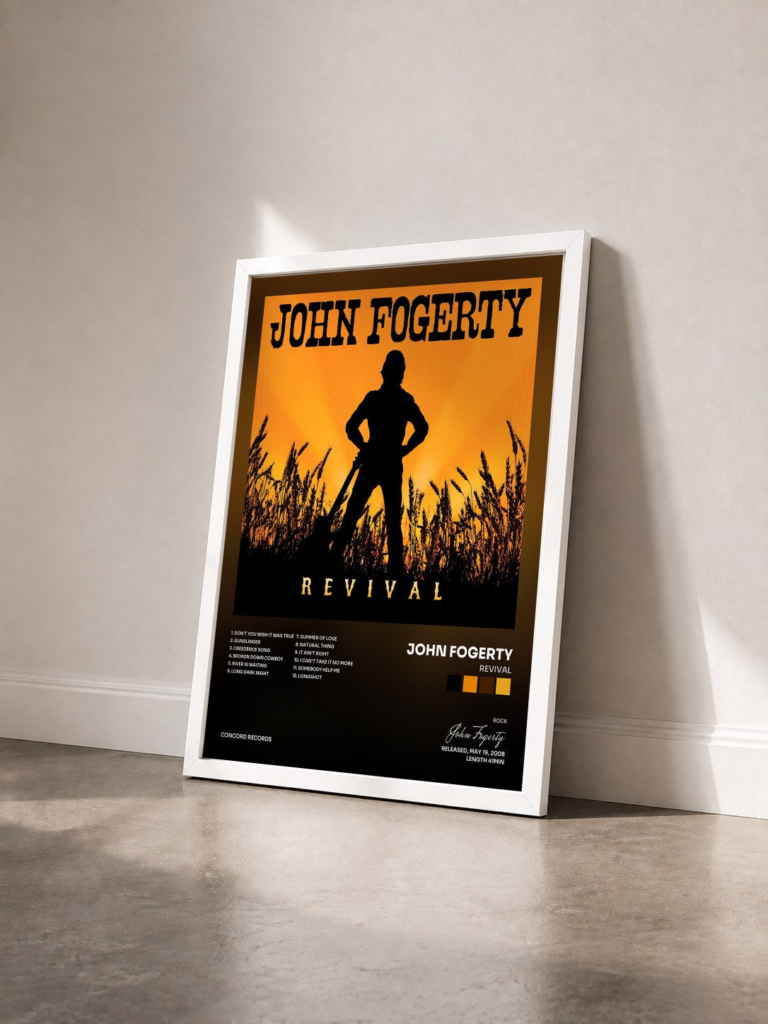 #blanc Tableau de l'album Revival de John Fogerty vu de trois quarts, cadre blanc