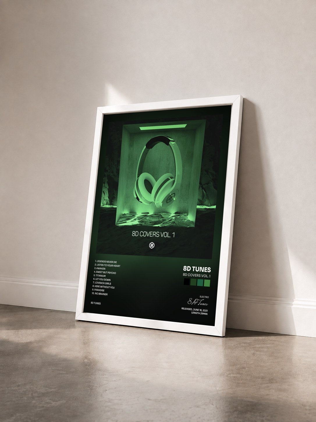 #blanc Tableau de l'album 8D Covers Vol. 1 de 8D Tunes vu de trois quarts, cadre blanc