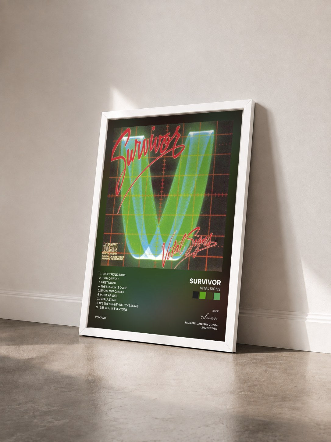 #blanc Tableau de l'album Vital Signs de Survivor vu de trois quarts, cadre blanc