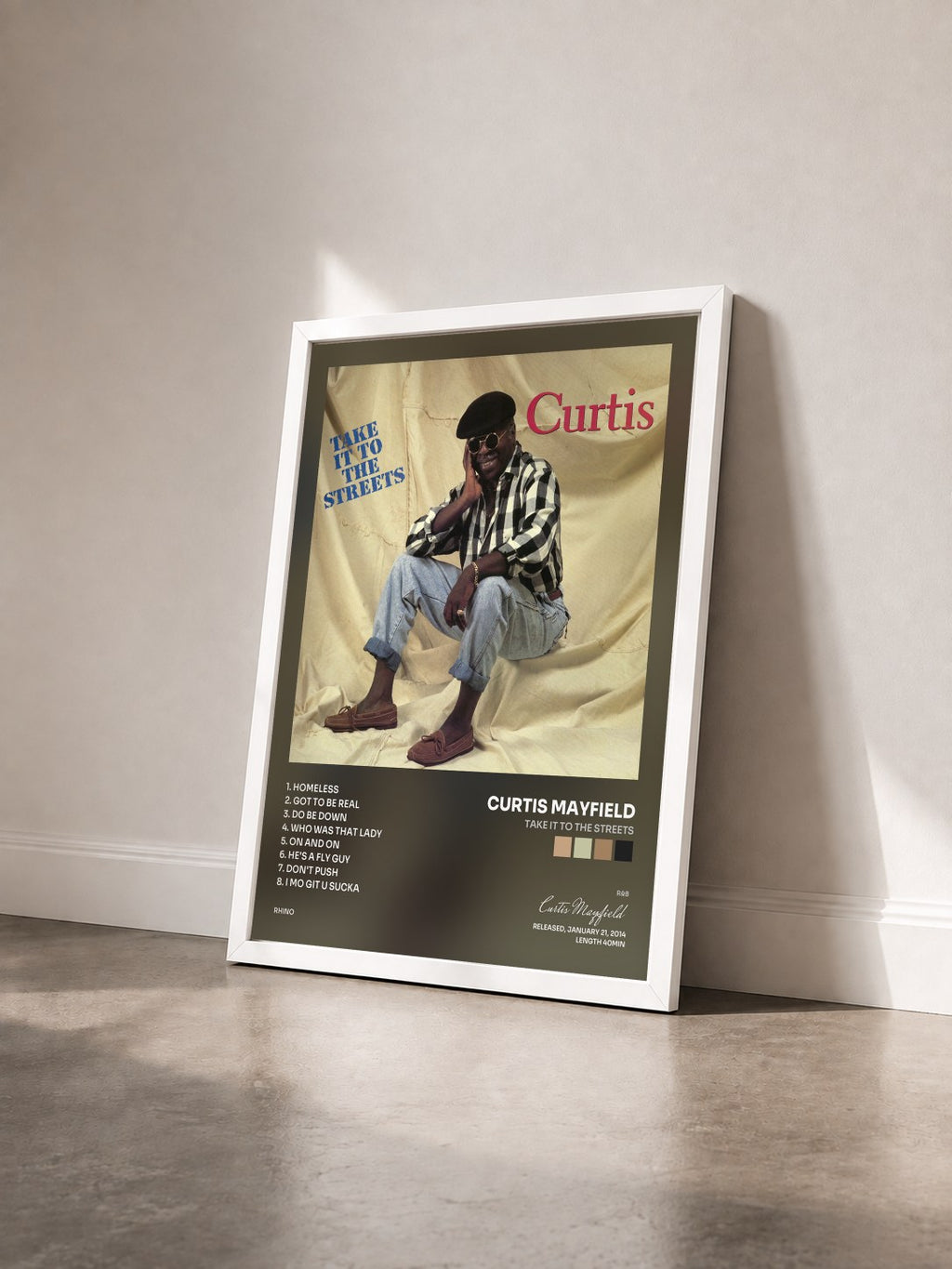 #blanc Tableau de l'album Take It to the Streets de Curtis Mayfield vu de trois quarts, cadre blanc