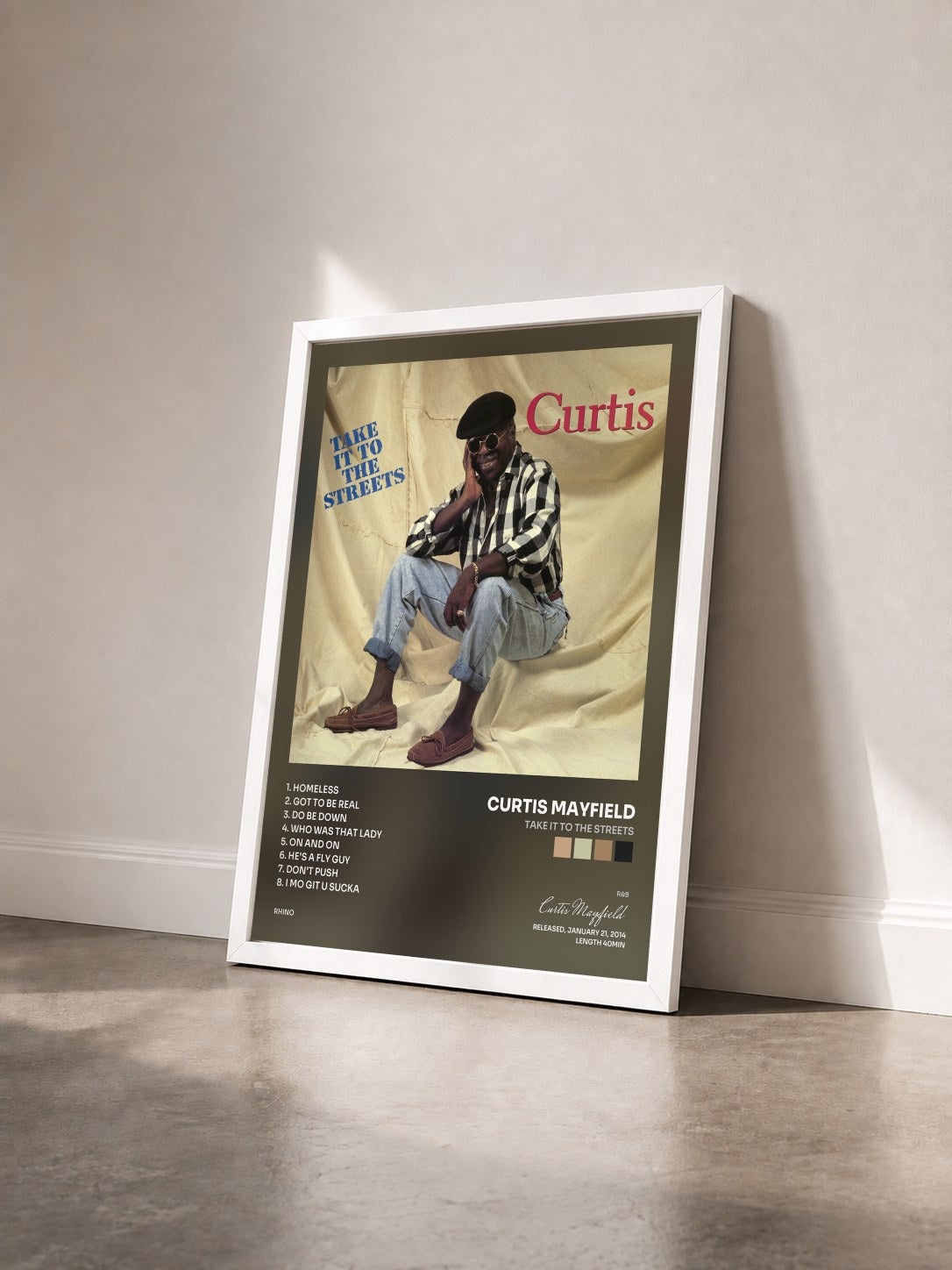 #blanc Tableau de l'album Take It to the Streets de Curtis Mayfield vu de trois quarts, cadre blanc