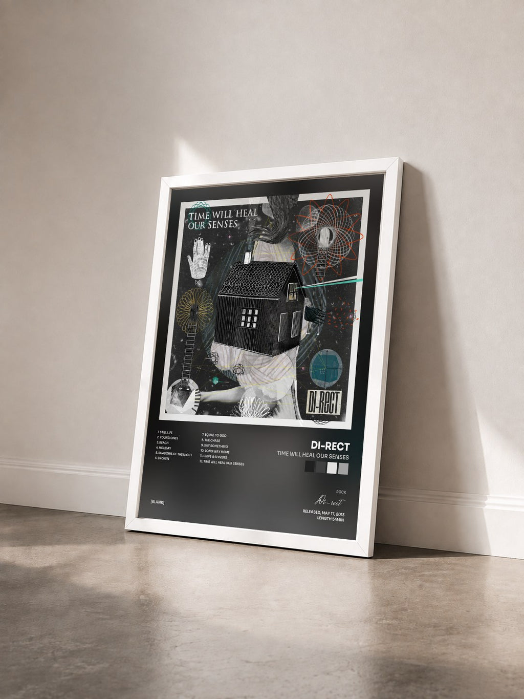 #blanc Tableau de l'album Time Will Heal Our Senses de Di-rect vu de trois quarts, cadre blanc