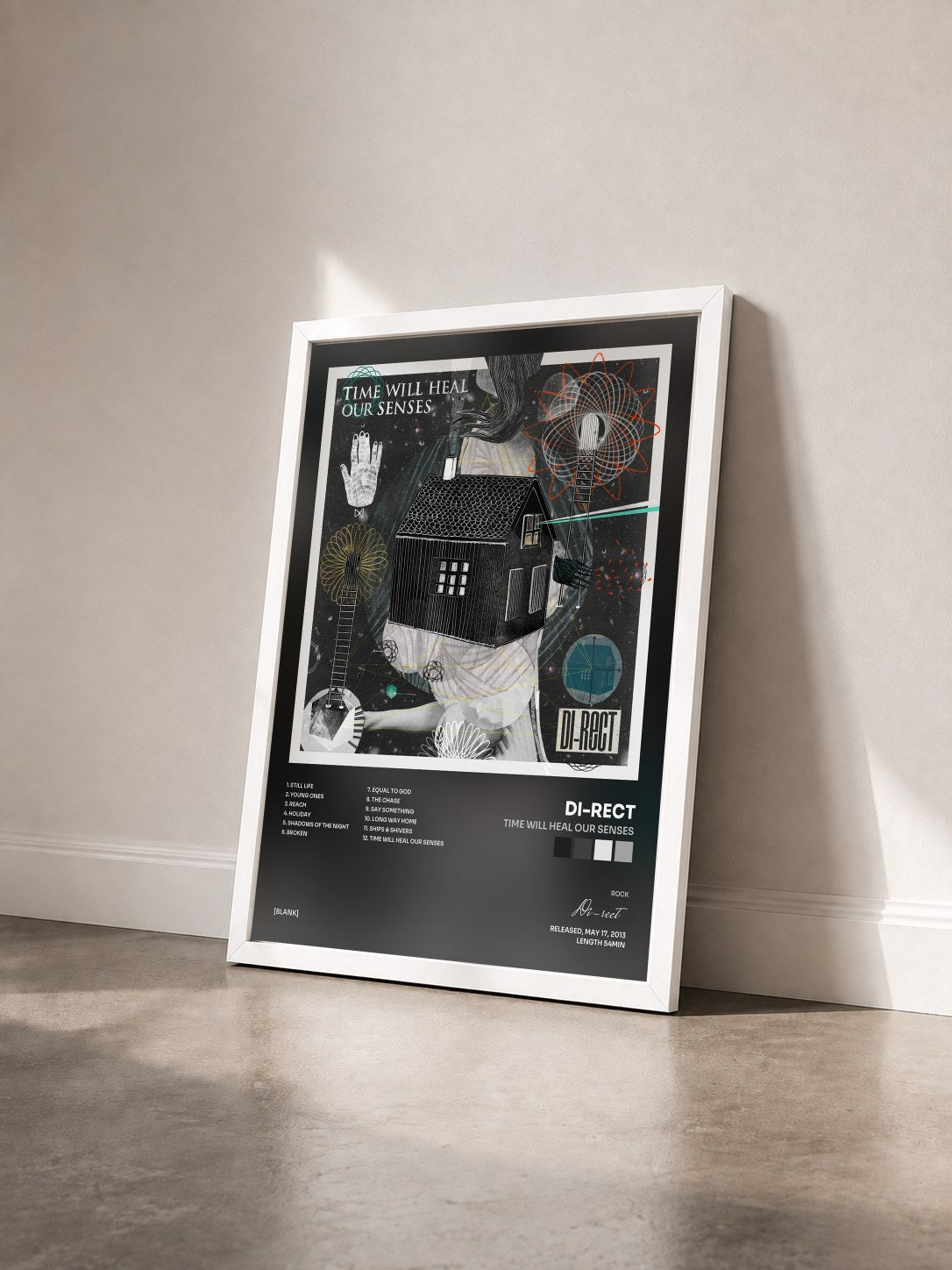 #blanc Tableau de l'album Time Will Heal Our Senses de Di-rect vu de trois quarts, cadre blanc