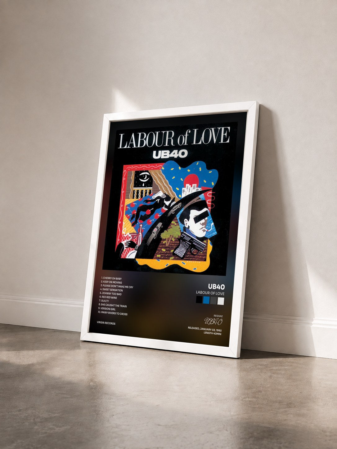 #blanc Tableau de l'album Labour Of Love de UB40 vu de trois quarts, cadre blanc
