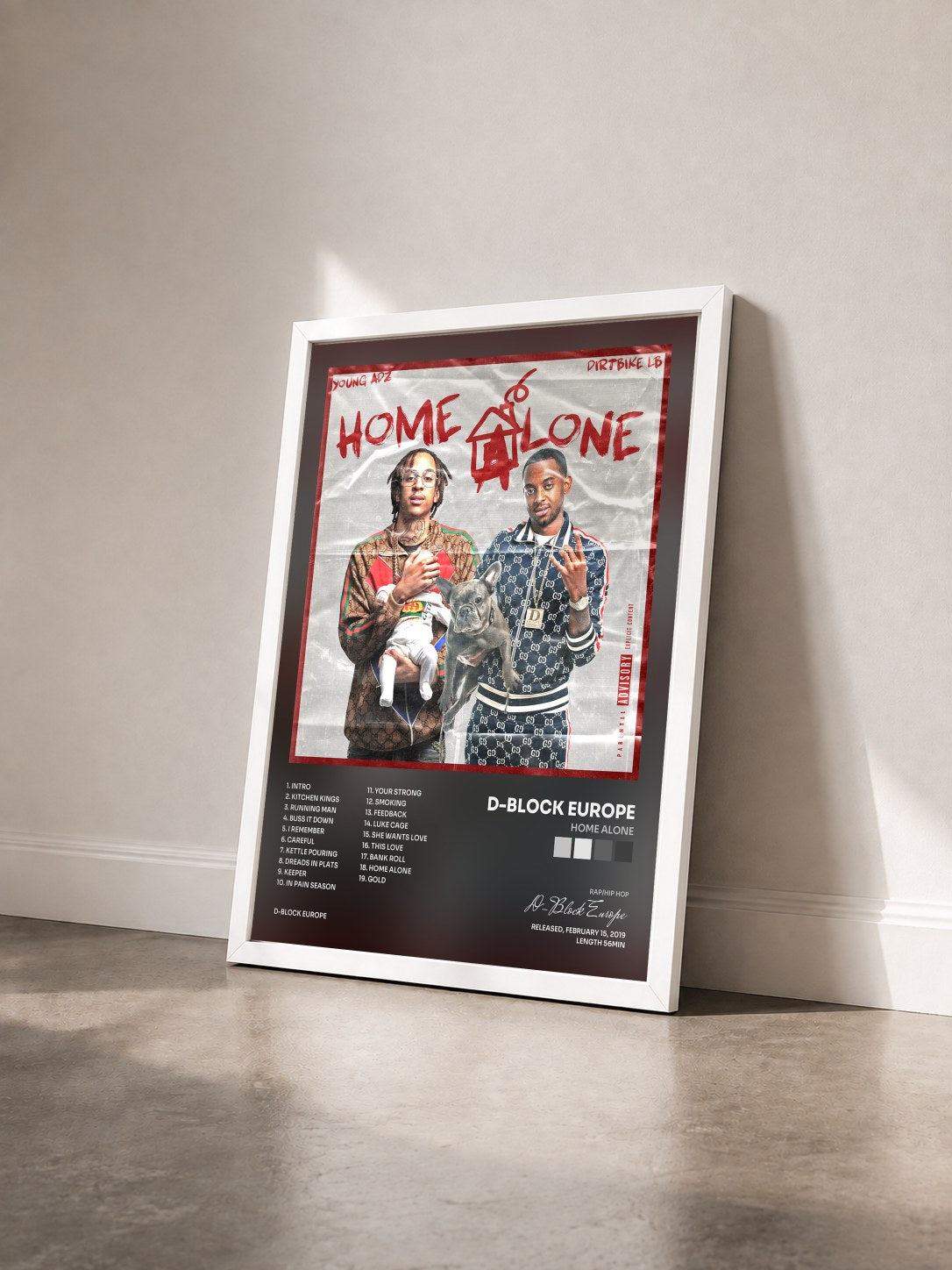 #blanc Tableau de l'album Home Alone de D-Block Europe vu de trois quarts, cadre blanc