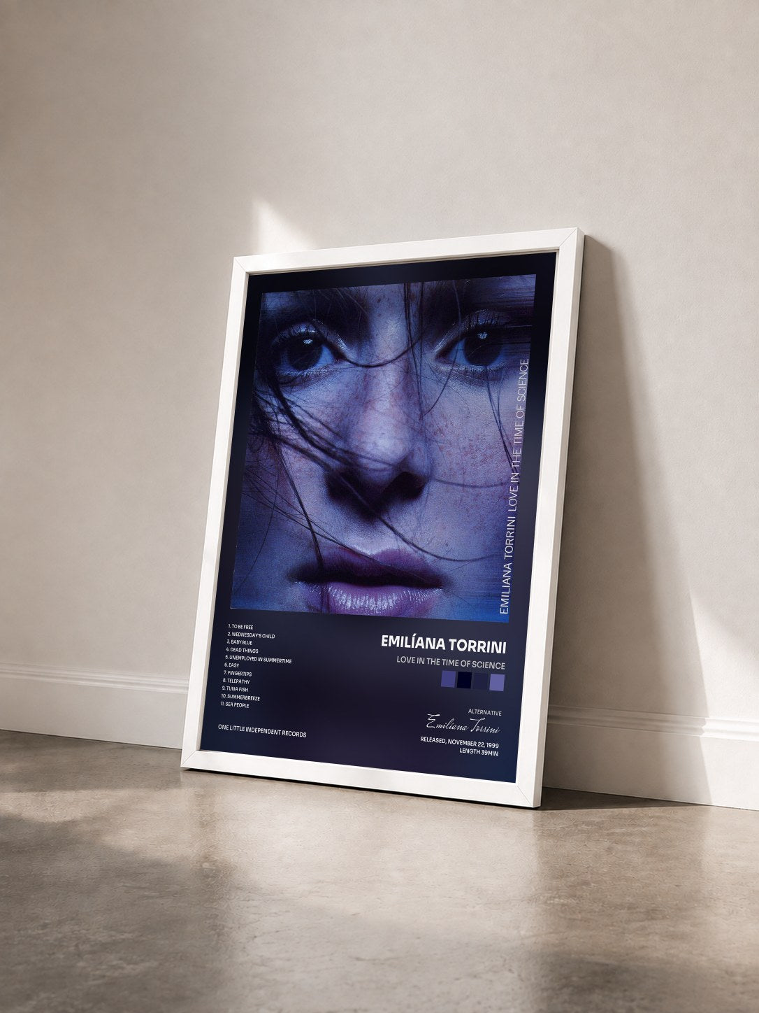 #blanc Tableau de l'album Love In The Time Of Science de Emilíana Torrini vu de trois quarts, cadre blanc