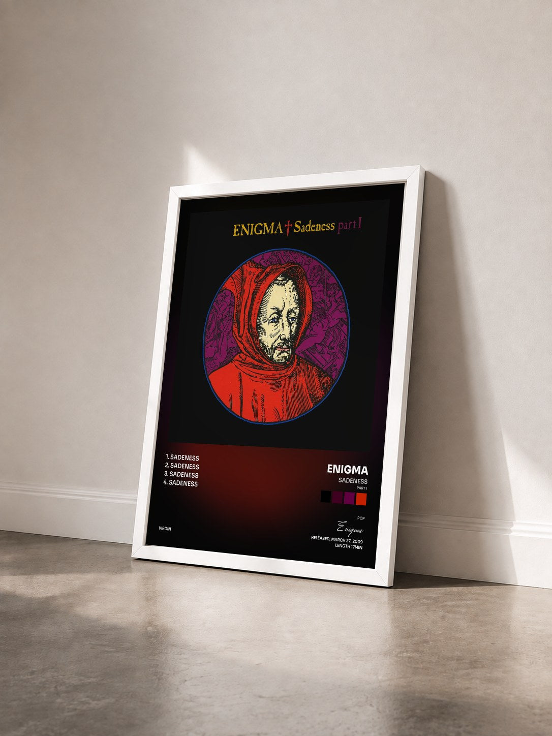 #blanc Tableau de l'album Sadeness (Part I) de Enigma vu de trois quarts, cadre blanc