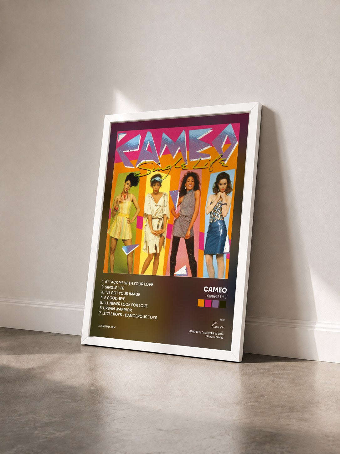 #blanc Tableau de l'album Single Life de Cameo vu de trois quarts, cadre blanc