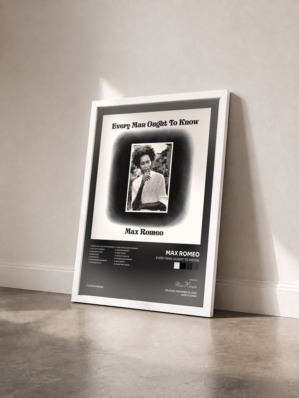 #blanc Tableau de l'album Every Man Ought To Know de Max Romeo vu de trois quarts, cadre blanc
