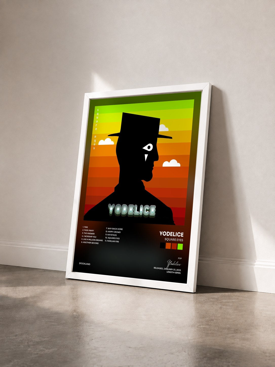 #blanc Tableau de l'album Square Eyes de Yodelice vu de trois quarts, cadre blanc