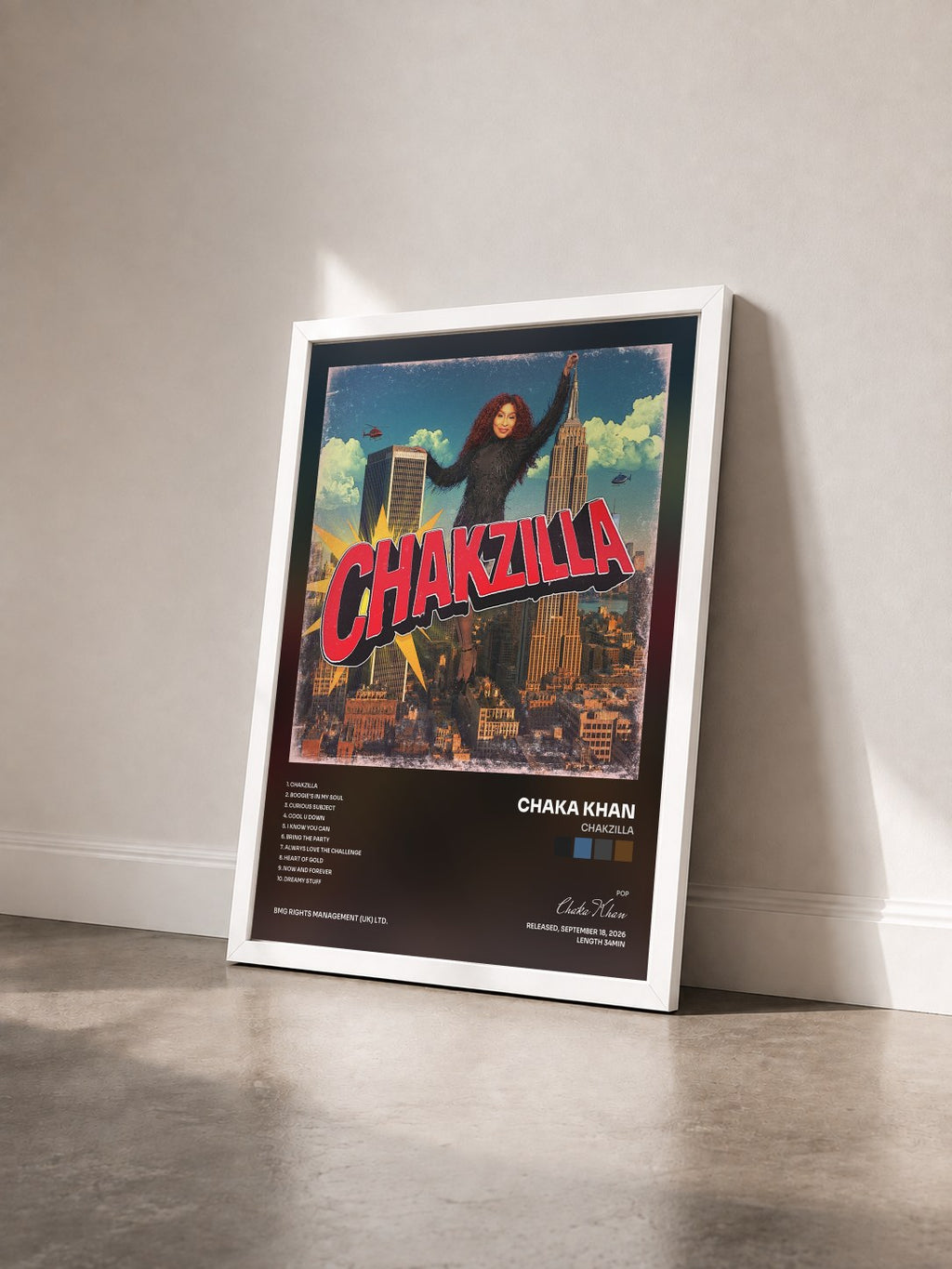 #blanc Tableau de l'album Chakzilla de Chaka Khan vu de trois quarts, cadre blanc