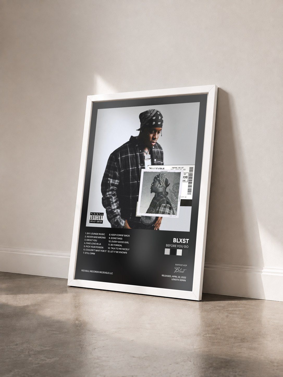 #blanc Tableau de l'album Before You Go de Blxst vu de trois quarts, cadre blanc