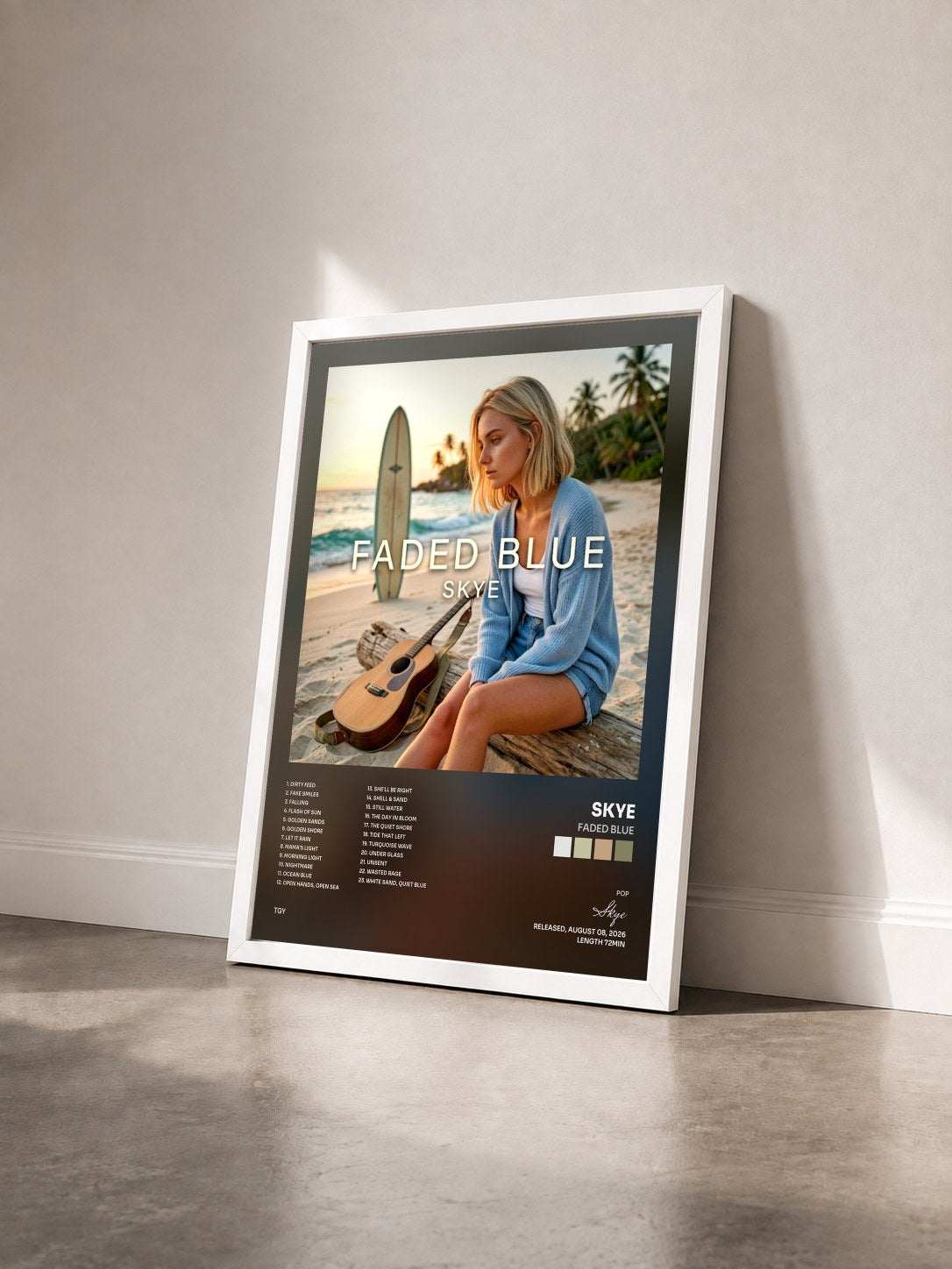 #blanc Tableau de l'album Faded Blue de Skye vu de trois quarts, cadre blanc