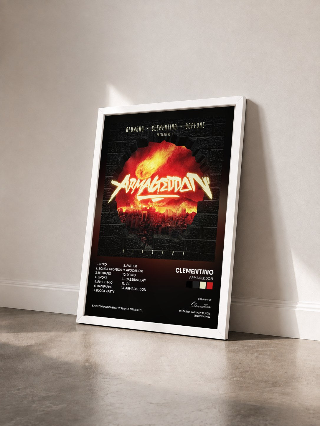 #blanc Tableau de l'album Armageddon de Clementino vu de trois quarts, cadre blanc