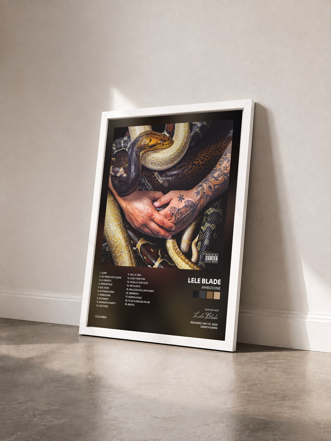#blanc Tableau de l'album AMBIZIONE de Lele Blade vu de trois quarts, cadre blanc